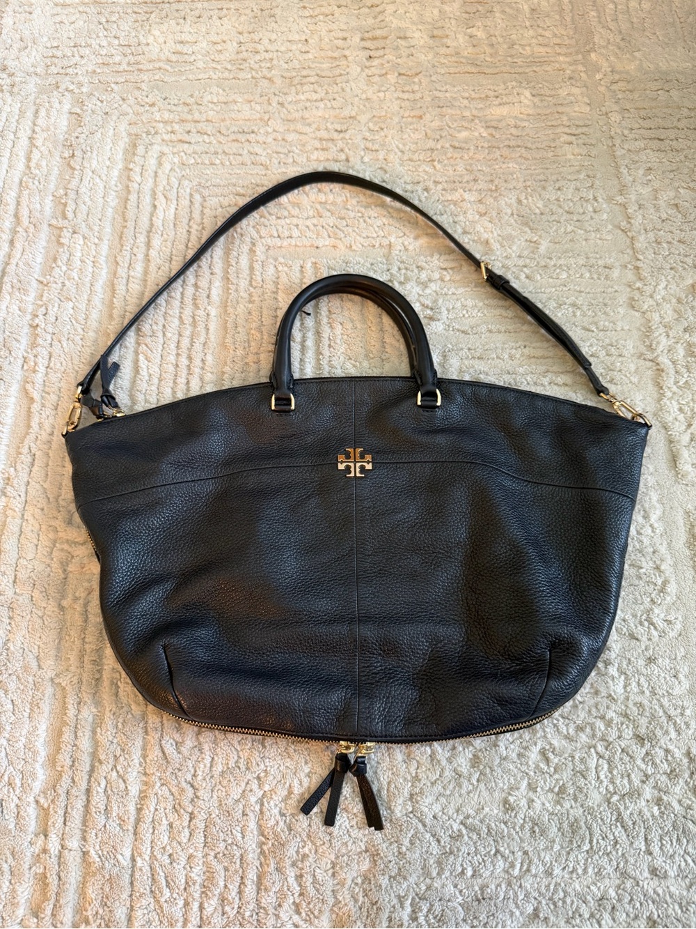 Tory Burch Ivy Black Pebbled Leather Convertible Satchel Shoulder Bag Gold Logo